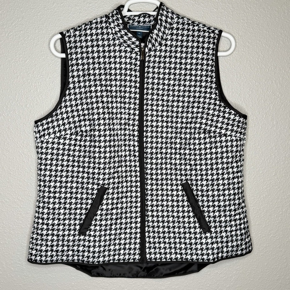 Karen Scott Houndstooth Quilted Vest XL Black White Zip Puffer Preppy Minimalist